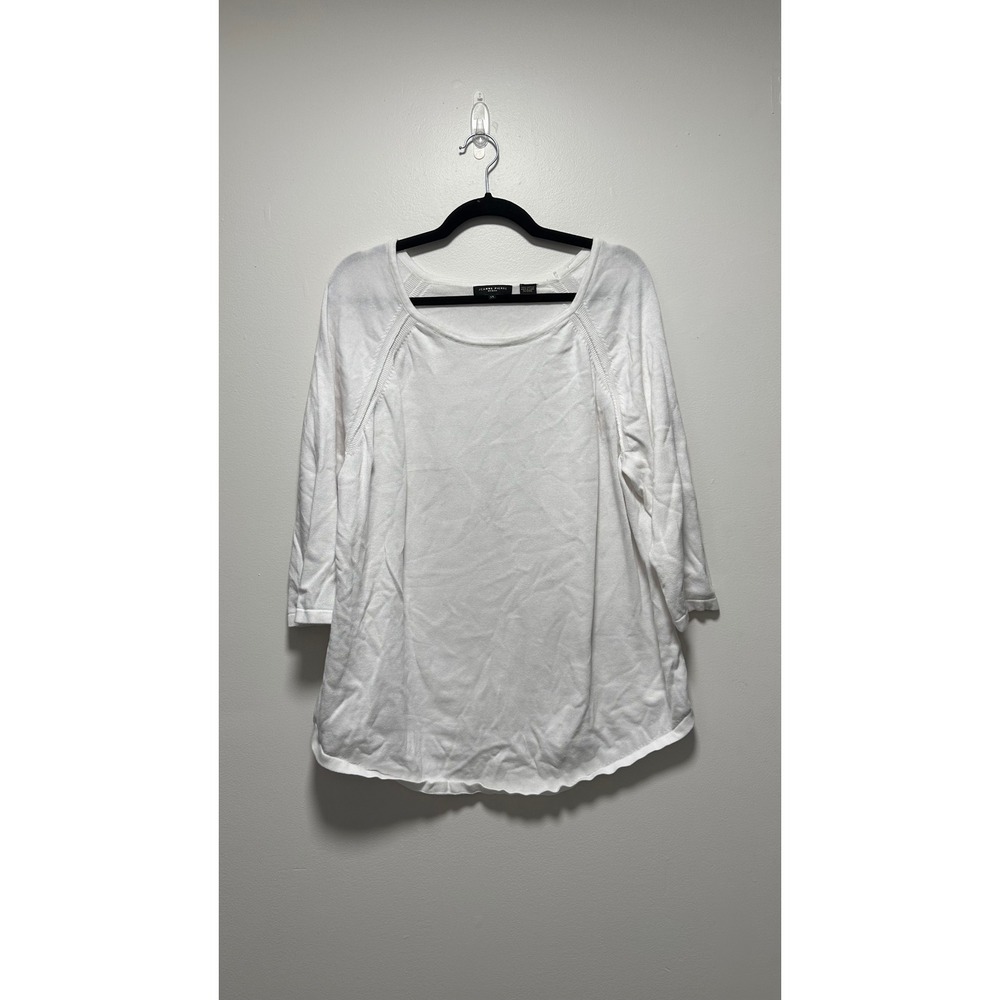 Jeanne Pierre Woman White 100% Cotton 3/4 Sleeve Knit Sweater Scoop Neck 1X